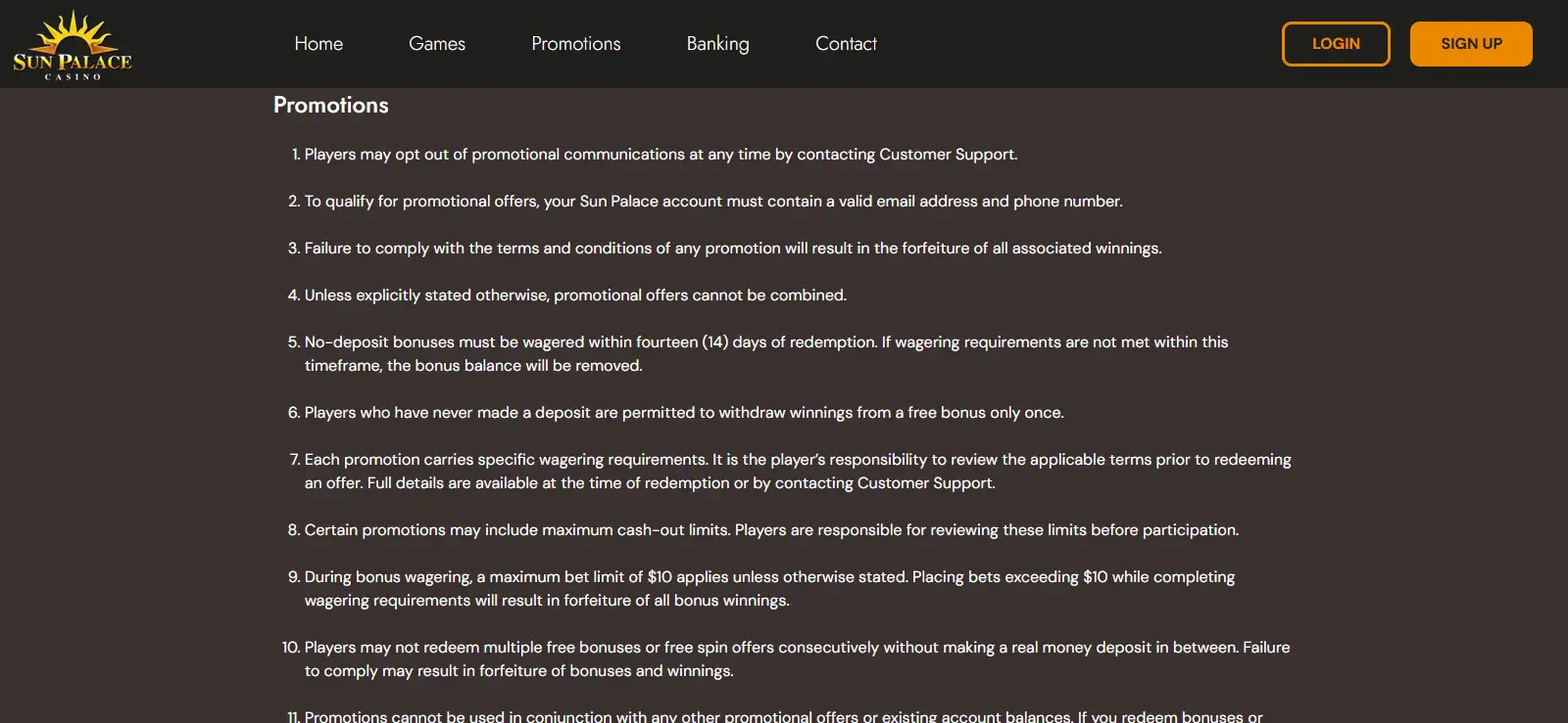 Sun Palace Gaming Rules page showing the bonus wagering conditions