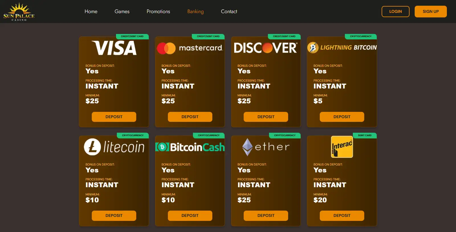 Sun Palace cryptocurrency payment options including Bitcoin, Litecoin and Ethereum