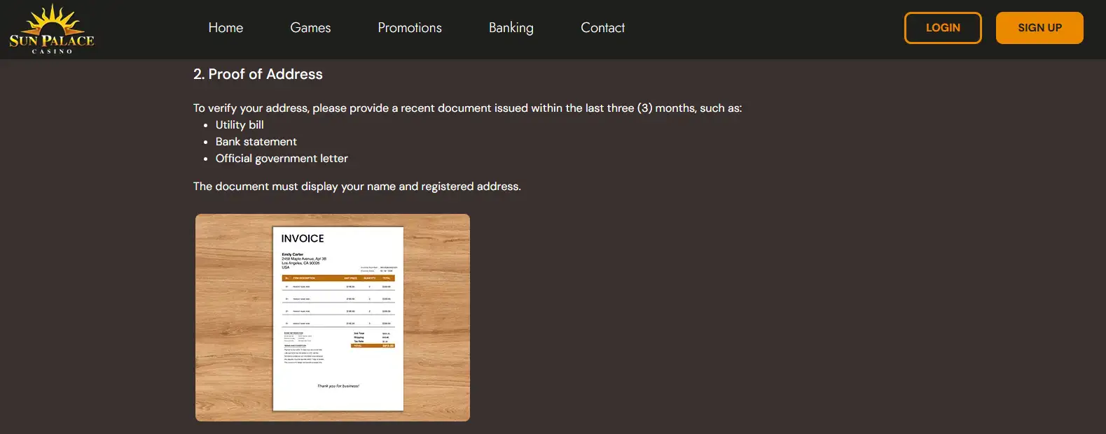 Sun Palace account verification page showing identity and address document requirements