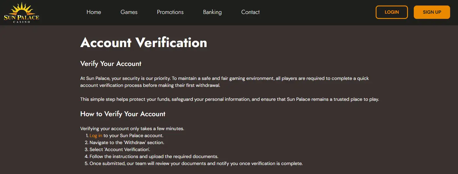 Sun Palace Casino account verification area used before a first withdrawal